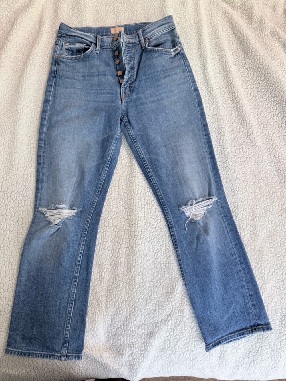 MOTHER Light Blue Distressed Straight-Leg Jeans